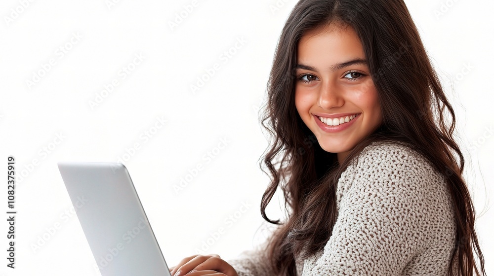 Happy Young Woman with Laptop Smiling at the Camera in Bright Setting, Representing Joyful Work or Study Environment Happy Young Woman with Laptop Smiling at the Camera in Bright Setting, Representing Joyful Work or Study Environment