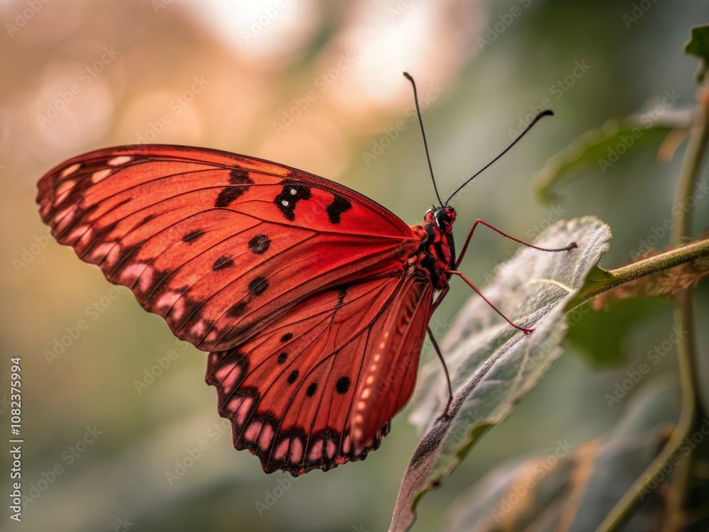 Close-Up of a Vibrant Red Butterfly with Intricate Wing Patterns Against a Soft Blurred Background for Conceptual Photography Close-Up of a Vibrant Red Butterfly with Intricate Wing Patterns Against a Soft Blurred Background for Conceptual Photography