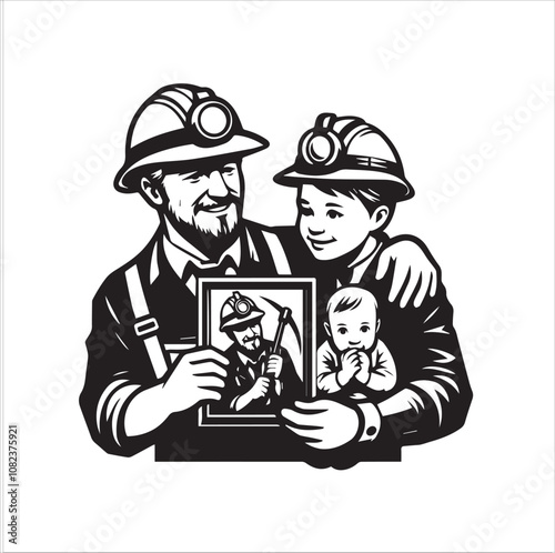 Coal Miner Holds Cherished Family Photo. A vintage-style illustration features a coal miner, identifiable by his helmet and headlamp, proudly holding a framed photograph of his family. photo