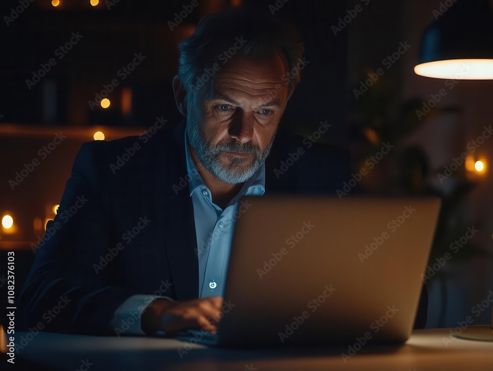 mature business executive, focused and engaged, studies his laptop screen, immersed in a virtual meeting, the ambient glow of digital interaction reflecting his professional poise mature business executive, focused and engaged, studies his laptop screen, immersed in a virtual meeting, the ambient glow of digital interaction reflecting his professional poise