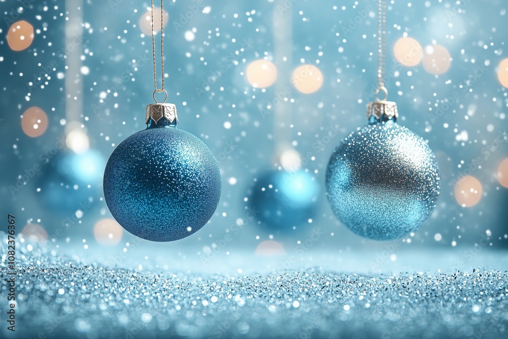 Blue Christmas background with hanging blue baubles and snowflakes on on glitter blue background with bokeh light. Festive winter holiday decoration and ornament. Modern design with copy space Blue Christmas background with hanging blue baubles and snowflakes on on glitter blue background with bokeh light. Festive winter holiday decoration and ornament. Modern design with copy space