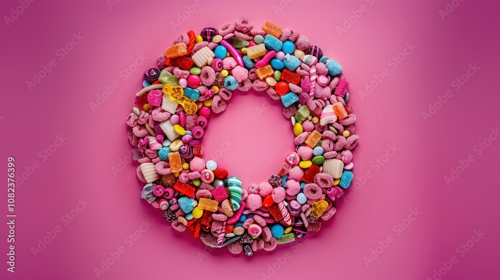 Obraz premium Colorful Candy Wreath on Pink Background