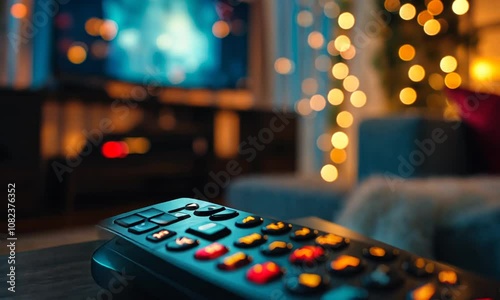 Remote control on a table in front of a TV with blurred festive lights in the background.