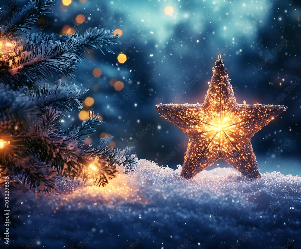 New Year's Eve on the snow lies a burning Christmas star the sky around is a dark forest New Year's Eve on the snow lies a burning Christmas star the sky around is a dark forest