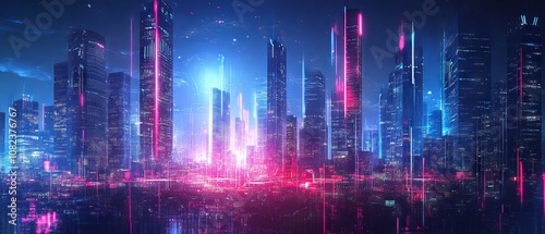 Futuristic urban cityscape with neon lights and hi-tech architecture, abstract digital background for science and technology themes photo