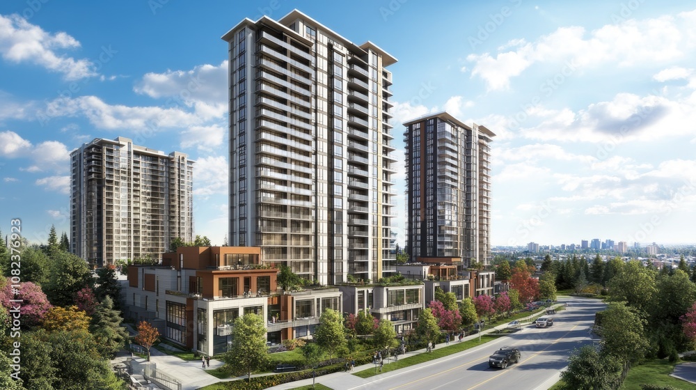 Modern Urban Living: High-Rise Residential Buildings Surrounded by Lush Greenery and Scenic Views in a Vibrant Cityscape Modern Urban Living: High-Rise Residential Buildings Surrounded by Lush Greenery and Scenic Views in a Vibrant Cityscape