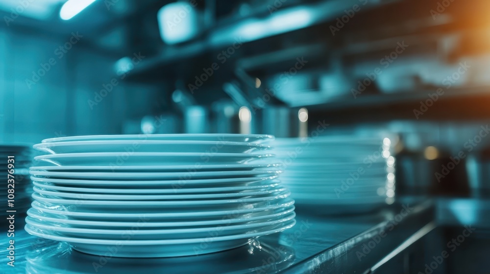 A stack of pristine, clean plates is ready for use in a bustling kitchen, symbolizing preparation and the imminent serving of culinary creations to eager diners. A stack of pristine, clean plates is ready for use in a bustling kitchen, symbolizing preparation and the imminent serving of culinary creations to eager diners.