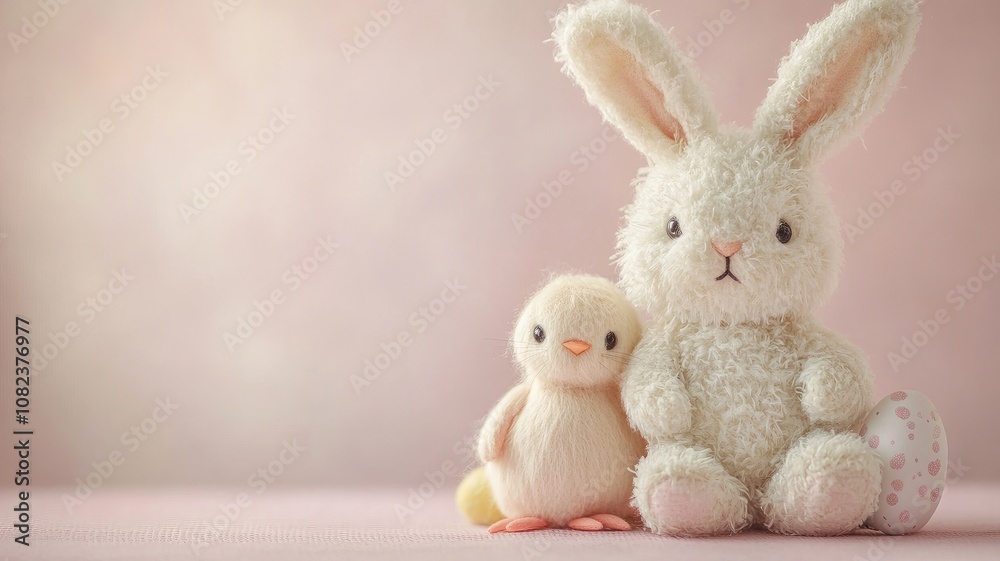 Plush bunny and chick sit next to Easter egg on soft pastel background Plush bunny and chick sit next to Easter egg on soft pastel background