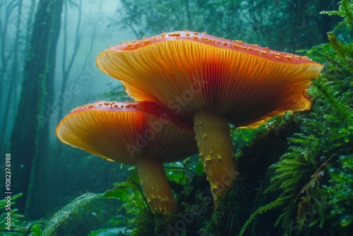 Towering mushroom caps with vibrant orange and red hues, forest filled with dense green foliage, soft morning glow, medium close-up view, magical setting 2 photo