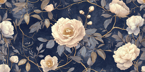 Vintage-Inspired Floral Pattern in Cream and Gold on Navy Background