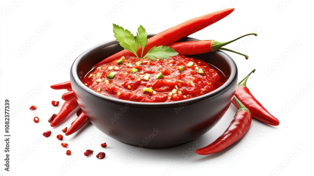 A vibrant bowl of chili sauce surrounded by fresh red peppers, garnished with herbs, showcasing a spicy and flavorful culinary element. A vibrant bowl of chili sauce surrounded by fresh red peppers, garnished with herbs, showcasing a spicy and flavorful culinary element.