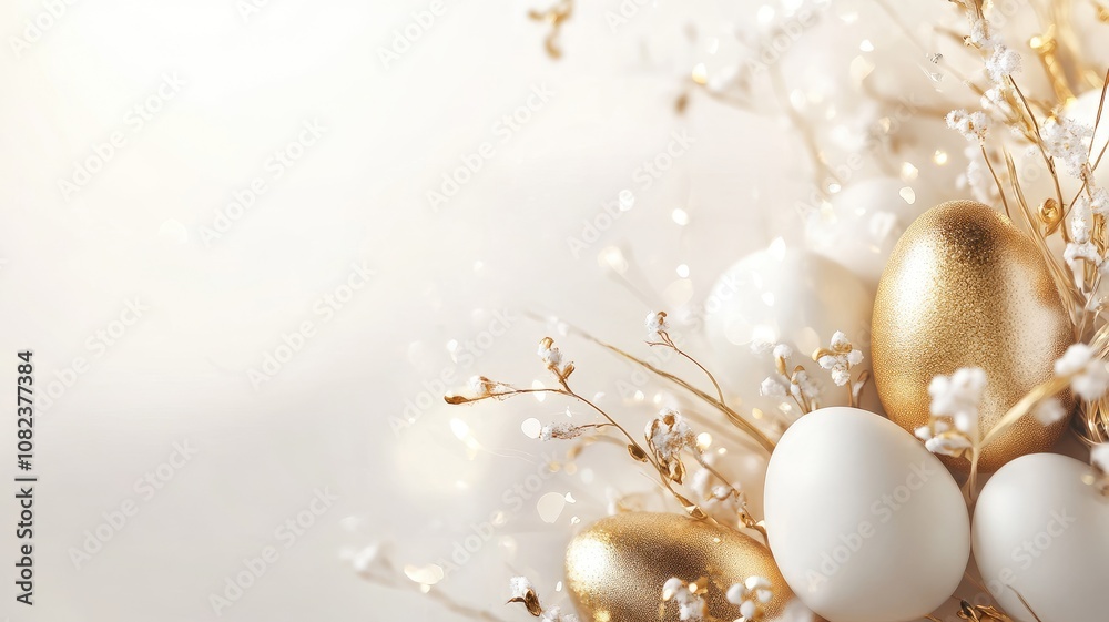 Decorative white and gold eggs with small flowers on soft background Decorative white and gold eggs with small flowers on soft background