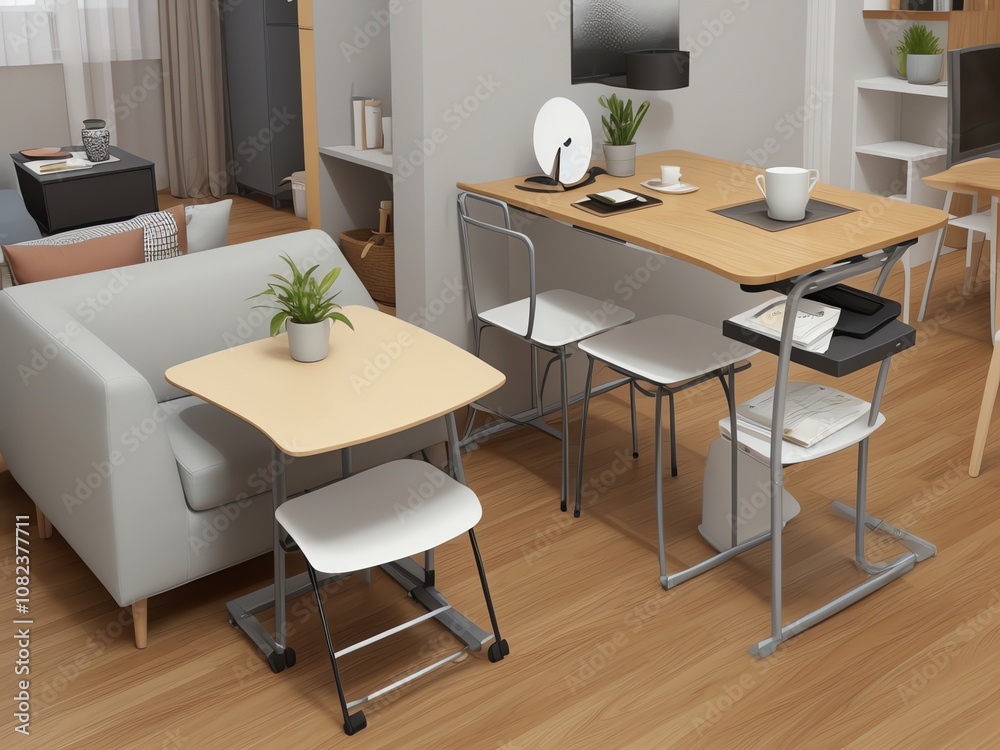 A light-colored expandable table with chairs, a gray storage unit, and fruit on the table A light-colored expandable table with chairs, a gray storage unit, and fruit on the table