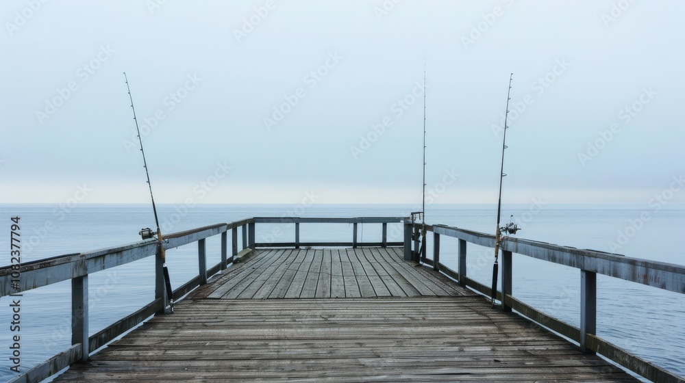 A relaxing sea fishing pier on a calm morning, Fishing equipment lined along the pier, Coastal leisure style A relaxing sea fishing pier on a calm morning, Fishing equipment lined along the pier, Coastal leisure style