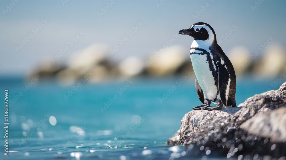 Fototapeta premium Magellanic penguin standing on rock in turquoise water