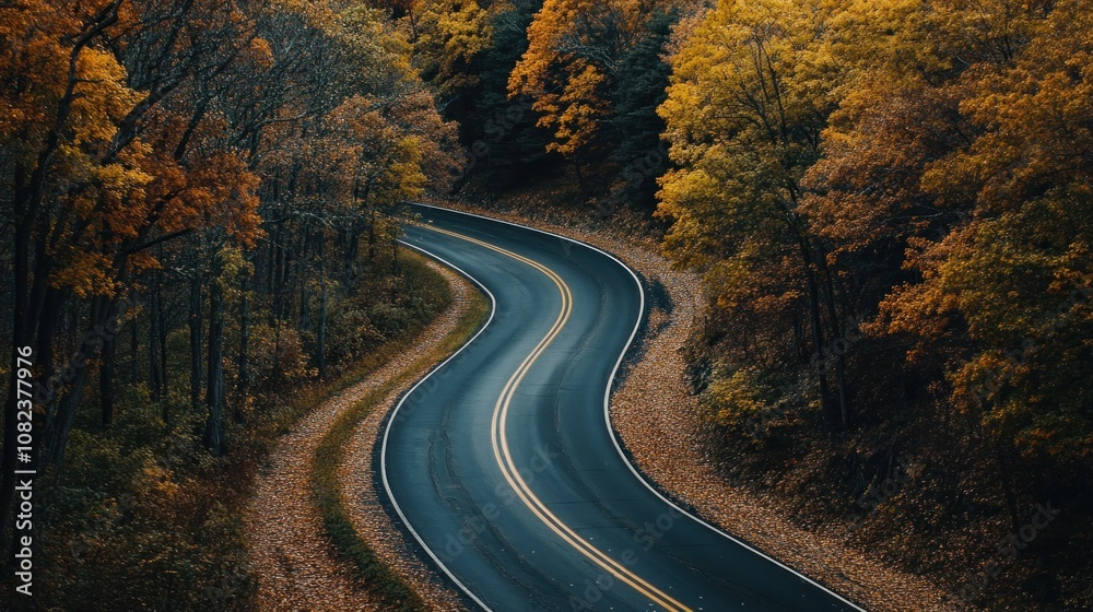 Naklejka premium Winding Asphalt Road Through Autumn Forest