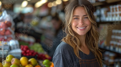 A retail store floor manager assisting a customer in the aisle with a friendly smile