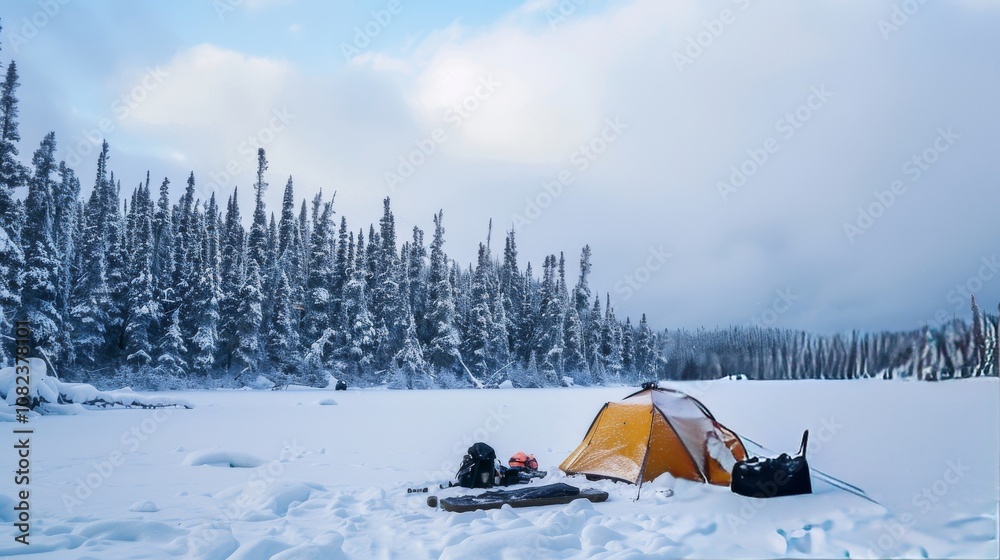 A remote camping adventure in a snow-covered wilderness, Camping gear organized for winter survival, Snow-covered wilderness camping style A remote camping adventure in a snow-covered wilderness, Camping gear organized for winter survival, Snow-covered wilderness camping style