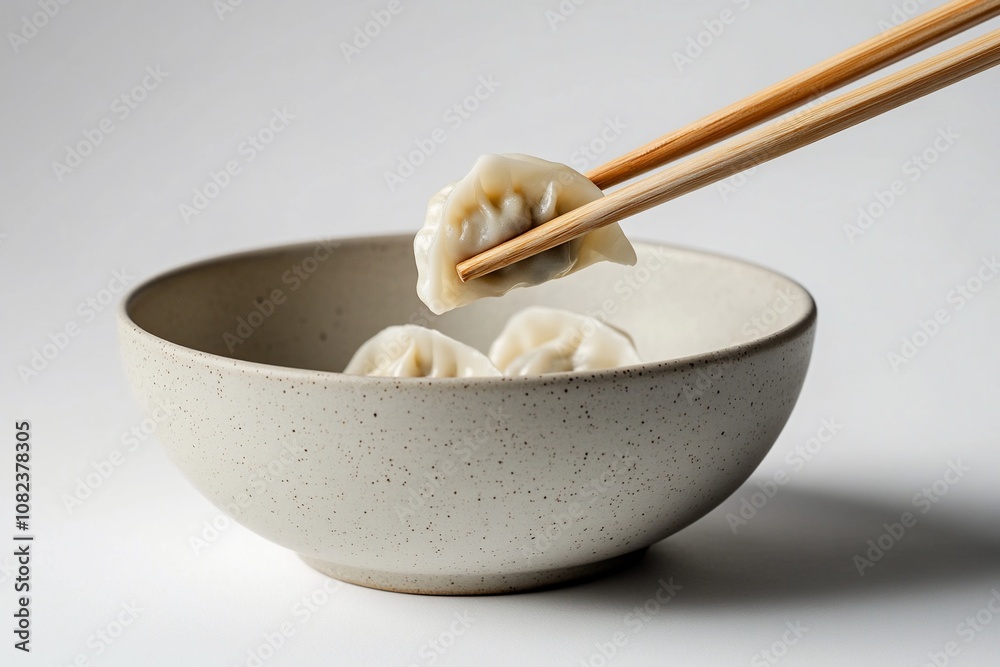 A bowl of dumplings being picked up with chopsticks. A bowl of dumplings being picked up with chopsticks.