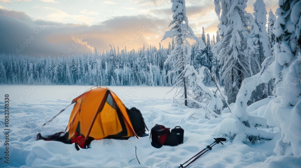 A remote camping adventure in a snow-covered wilderness, Camping gear organized for winter survival, Snow-covered wilderness camping style A remote camping adventure in a snow-covered wilderness, Camping gear organized for winter survival, Snow-covered wilderness camping style