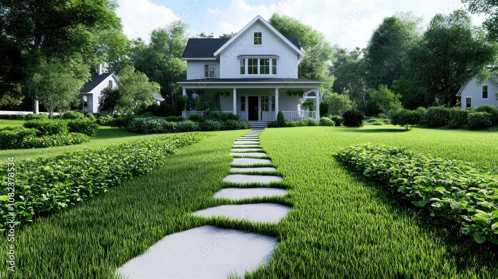 Fototapeta premium A serene house with a stone path in a lush green landscape.