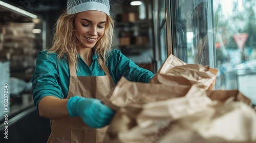 With an enthusiastic smile, a woman in blue attire and gloves efficiently packs food into bags near a window, experiencing contentment and positive energy. photo