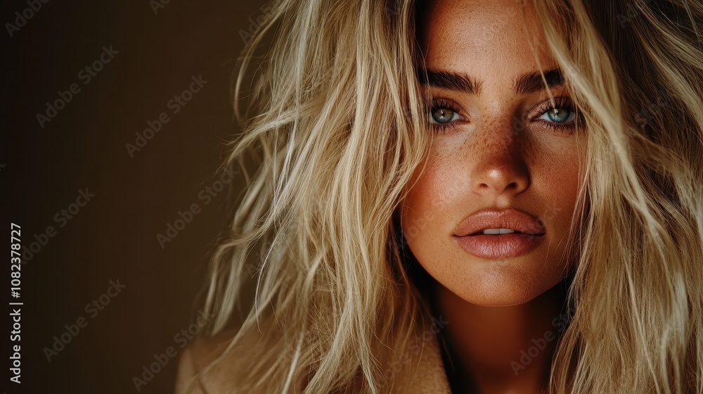A striking woman with freckles and carefree, messy hair captures attention, embodying a youthful, fresh aesthetic against a simple, warm background. A striking woman with freckles and carefree, messy hair captures attention, embodying a youthful, fresh aesthetic against a simple, warm background.