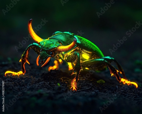 Neon Stag Beetle with Glowing Pincers Crawling Through Illuminated Forest Floor photo