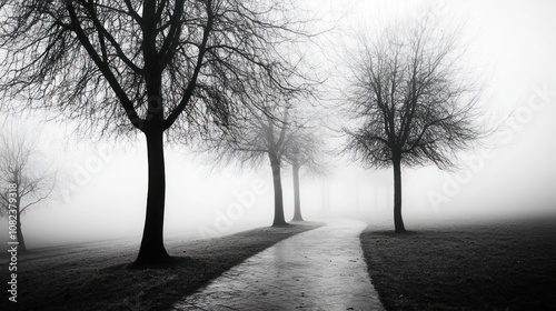 Misty Morning Path: A Monochrome Landscape