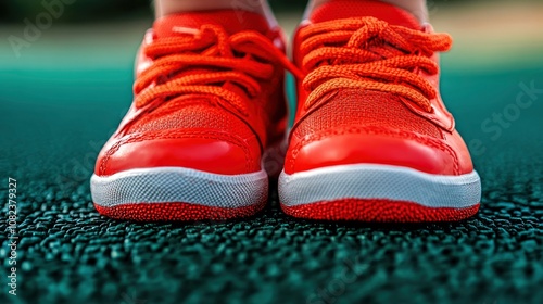 Closeup of Red Sneakers on a Green Playground Surface photo