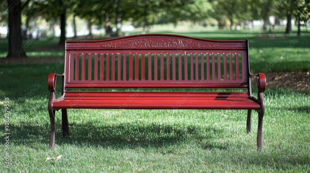 Red Park Bench Surrounded by Lush Green Grass and Trees in a Bright Daylight Setting, Perfect for Outdoor Relaxation and Leisure Activities