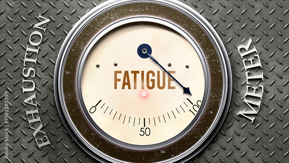Fatigue and Exhaustion that is hitting a full scale, showing a very high level of fatigue, overload of it, too much of it. Maximum value, off the charts. ,3d illustration Fatigue and Exhaustion that is hitting a full scale, showing a very high level of fatigue, overload of it, too much of it. Maximum value, off the charts. ,3d illustration