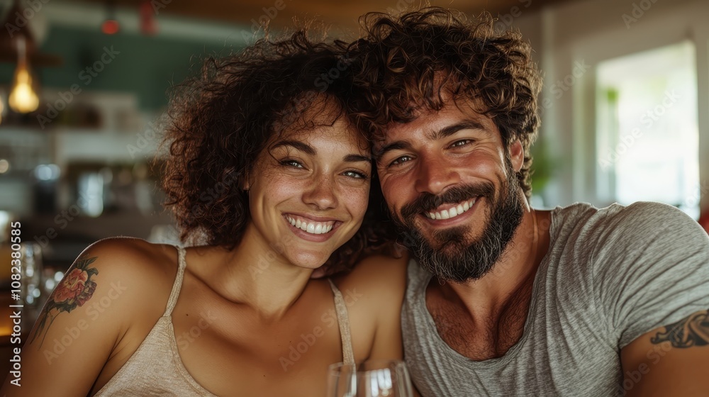 A relaxed couple with curly hair, smiling widely, enjoying a casual moment together indoors, showcasing joyful connection and leisure ambiance in bright lighting. A relaxed couple with curly hair, smiling widely, enjoying a casual moment together indoors, showcasing joyful connection and leisure ambiance in bright lighting.