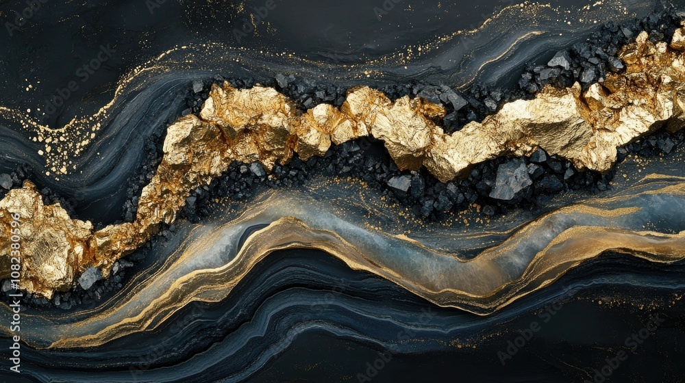 Fototapeta premium Abstract art featuring a striking blend of black, gold, and dark blue textures with shimmering details that evoke a sense of luxury, depth, and elegance for design projects.