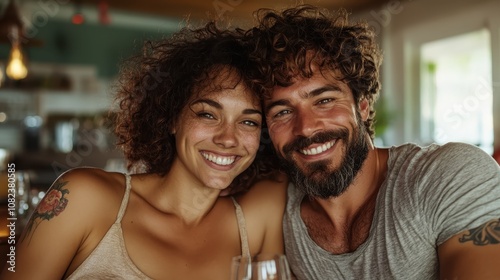 A relaxed couple with curly hair, smiling widely, enjoying a casual moment together indoors, showcasing joyful connection and leisure ambiance in bright lighting.