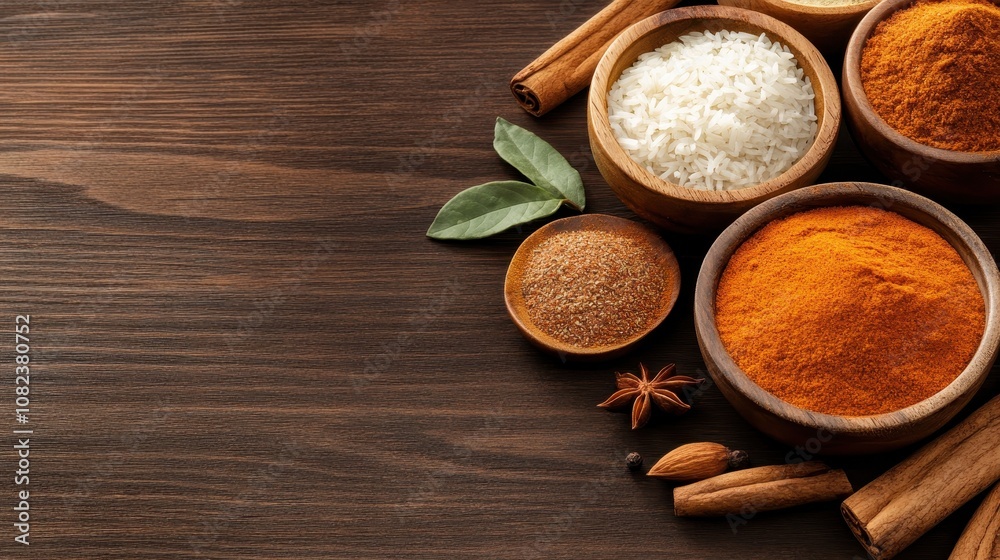 A stunning display of spices and rice in wooden bowls, artistically placed on dark wood, ideal for showcasing culinary ingredients and warm, inviting concepts. A stunning display of spices and rice in wooden bowls, artistically placed on dark wood, ideal for showcasing culinary ingredients and warm, inviting concepts.