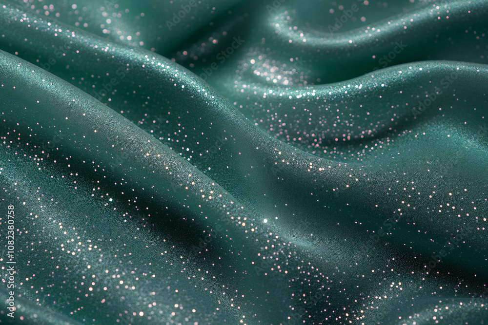 Shiny smooth luxury green silk fabric. Decorative background for design card, poster, banner for award, reward, Christmas, birthday, wedding. Abstrac curve and wave backdrop template with copy space