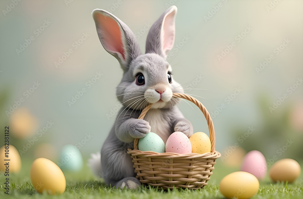 Easter greeting card, a website banner or a poster with a cute Easter bunny and Easter eggs in pastel colors on a light background. Selective focus, blurred background. Easter greeting card, a website banner or a poster with a cute Easter bunny and Easter eggs in pastel colors on a light background. Selective focus, blurred background.