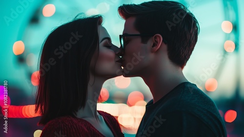 A couple sharing a kiss on a Ferris wheel at dusk, carnival lights twinkling below, wideangle, romantic moment photo