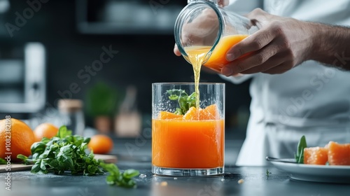 A person is seen preparing a refreshing orange beverage, surrounded by oranges and fresh greens, showcasing a blend of citrusy and natural elements in a cozy environment. photo