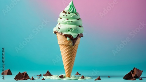 Mint chocolate chip ice cream cone with dripping chocolate and a colorful background