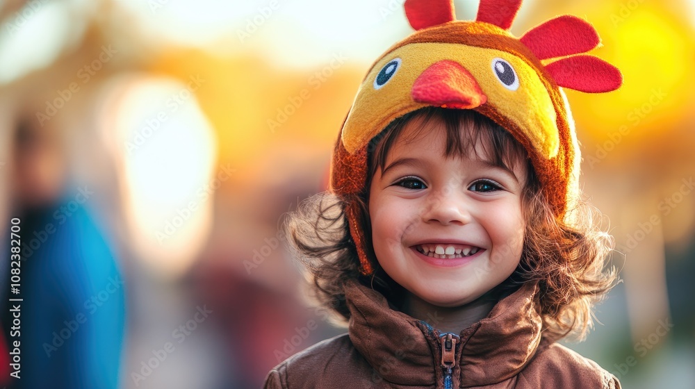 Joyful Child with Cheerful Chicken Hat Smiling Brightly Against a Warm Autumn Background in a Park Setting