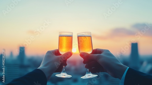 Friends enjoying a rooftop sunset, toasting with drinks, city skyline glowing in the background, wideangle photo