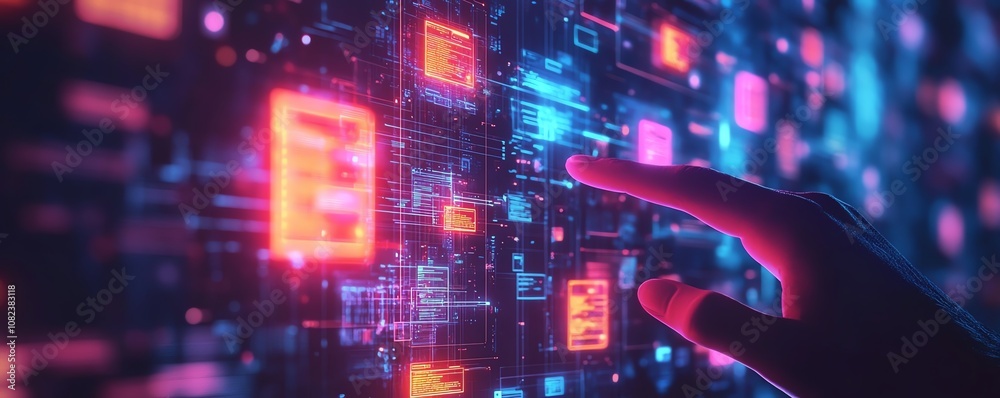 Naklejka premium Businessman hand holding floating employee profile icons, job recruitment process, glowing talent selection, digital hiring platform, professional and sleek modern tech design