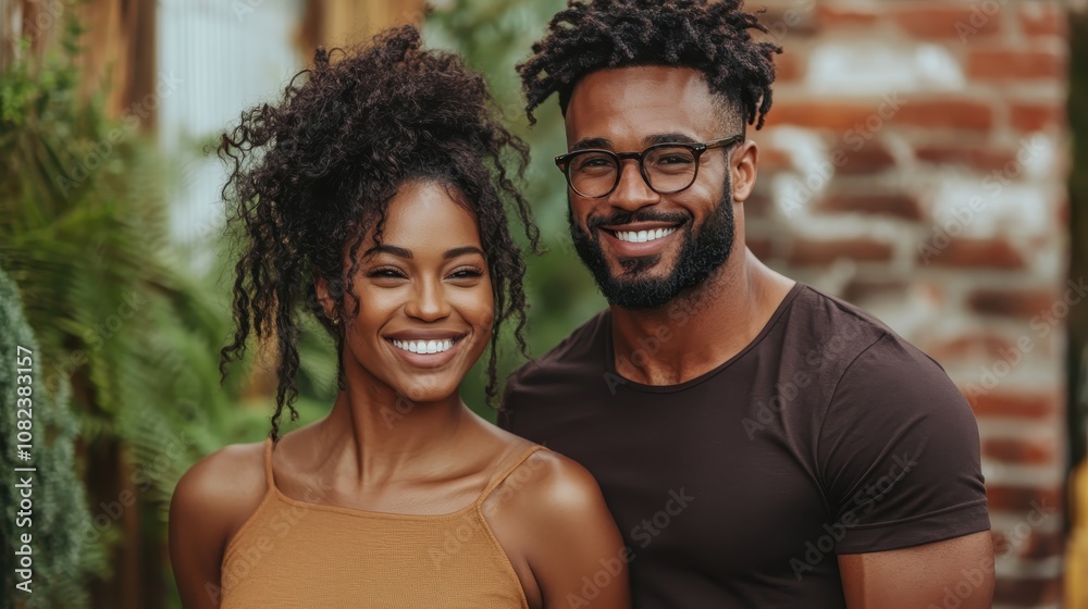 A trendy young couple smiles warmly against a vibrant, lush backdrop, embodying youthful energy, style, and the joy of shared experiences and moments. A trendy young couple smiles warmly against a vibrant, lush backdrop, embodying youthful energy, style, and the joy of shared experiences and moments.