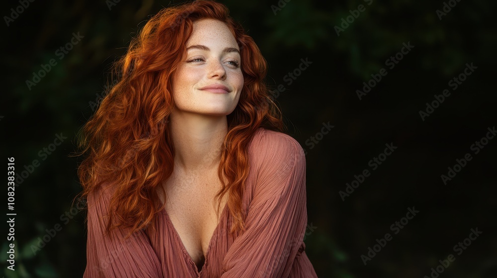 A delightful young red-haired woman beams with a gentle smile while wearing a soft pink dress, embodying warmth and gracefulness in a natural setting. A delightful young red-haired woman beams with a gentle smile while wearing a soft pink dress, embodying warmth and gracefulness in a natural setting.