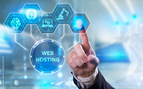 Web Hosting. The activity of providing storage space and access for websites. Business, modern technology, internet and networking concept. photo