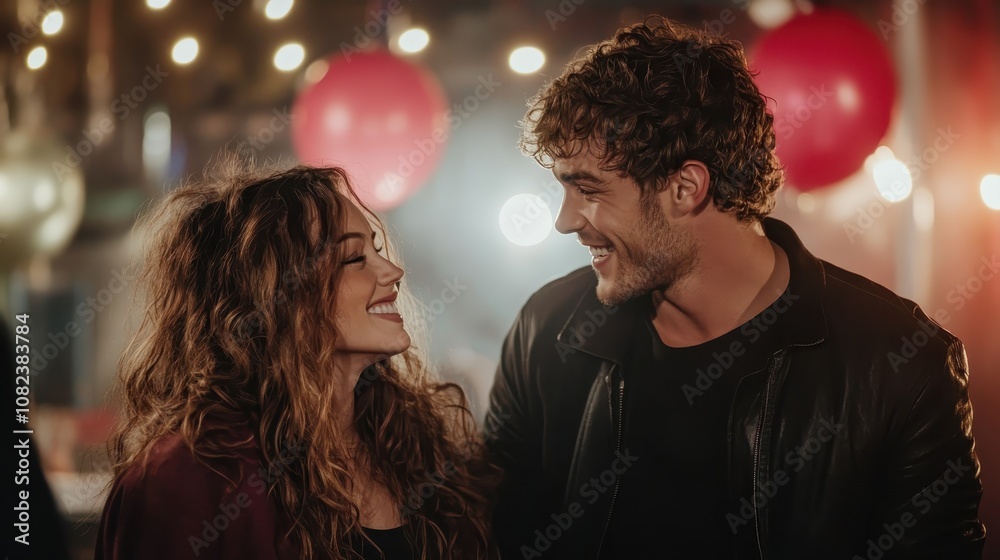 A joyous couple gazes lovingly at each other amid twinkling lights and festive decorations, creating a magical moment of happiness and connection at the lively celebration.