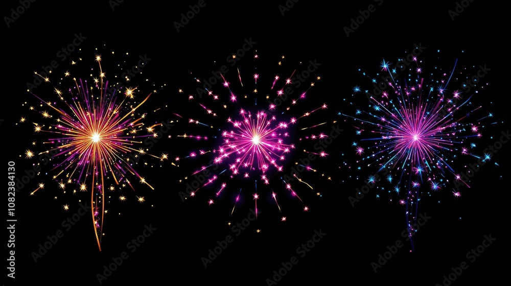 Fototapeta premium Vibrant Explosion of Colorful Fireworks on a Black Background, Capturing the Joyful Essence of Celebrations and Special Occasions, Perfect for Sky Display Enthusiasts