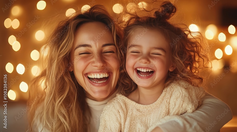 Radiant smiles on a mother and daughter, sharing laughter and joy, illuminated by warm, glowing lights that enhance this tender, loving moment. Radiant smiles on a mother and daughter, sharing laughter and joy, illuminated by warm, glowing lights that enhance this tender, loving moment.